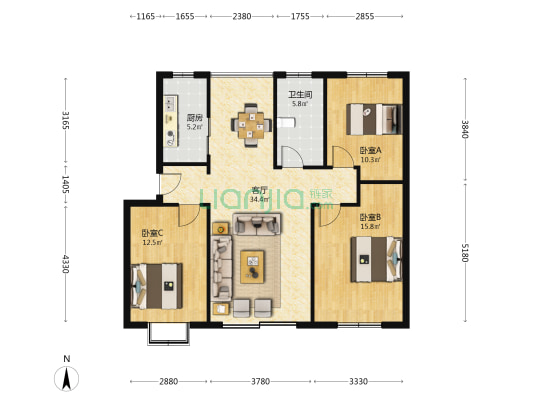 甸欣家园 3室1厅1卫 108平方
