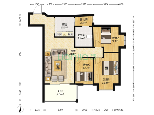 香樟南国 3室1厅1卫 95平方