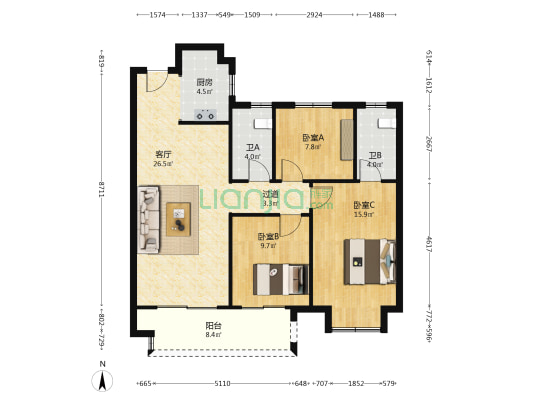 庆丰苑 3室1厅2卫 110平方