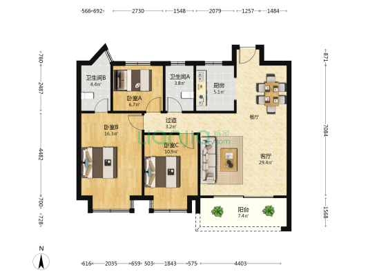 铂悦雅居 3室1厅2卫 109平方