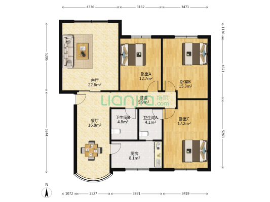 明苑小区 3室2厅2卫 127平方