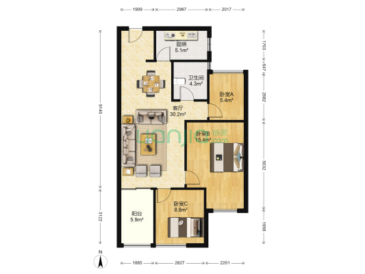 擎天半岛 3室1厅1卫 88平方