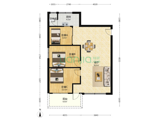 节能中心大厦 3室1厅1卫 83平方