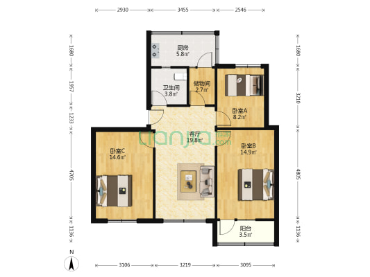 京广南路58号院 3室1厅1卫 90平方