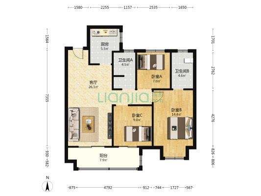 海伦堡金科东方美院三期（海伦堡金科·美院） 3室1厅2卫 105平方