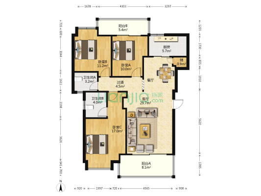 世欧彼岸城B区 3室1厅2卫 114平方