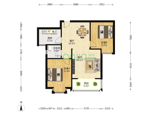 中房国际青年城 2室2厅1卫 88平方