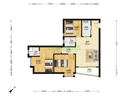 银丰豪庭 3室1厅2卫 90平方