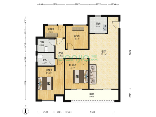 中梁旭辉国宾府 4室1厅2卫 120平方