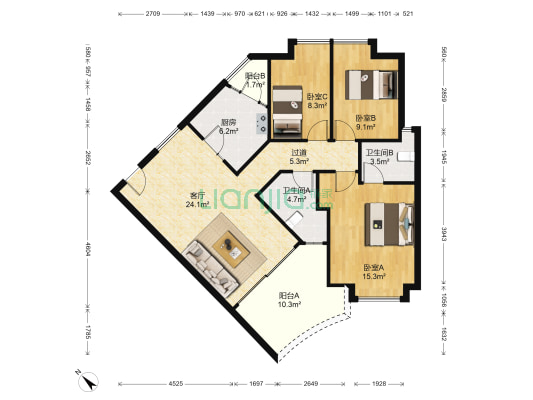 元邦航空家园 3室1厅2卫 106平方