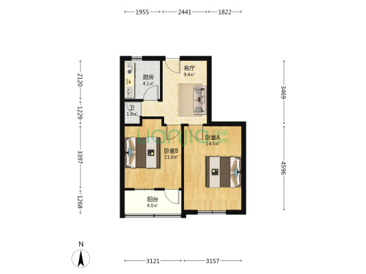 煤炭局宿舍 2室1厅1卫 53平方