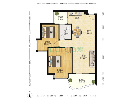 保利21世家 2室2厅1卫 88平方