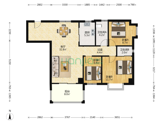 宜家广场 3室1厅2卫 111平方