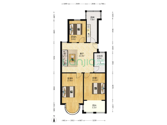 新金贸花园 3室1厅1卫 93平方