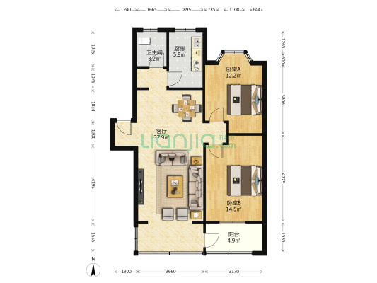 东南明苑 2室1厅1卫 87平方
