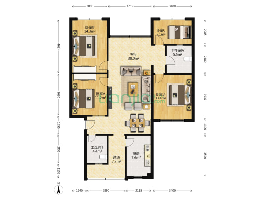 眉山市东坡区家裕巷15号 4室1厅2卫 135平方