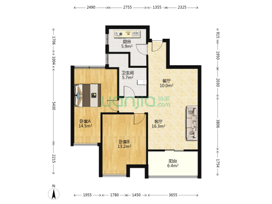 万达水岸一号 2室2厅1卫 85平方