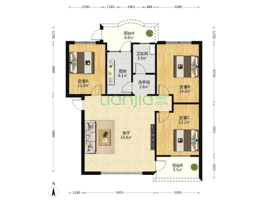 荔珠公寓 3室1厅2卫 107平方