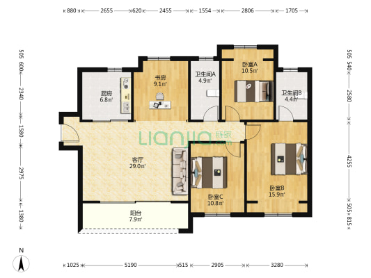 玖玺 4室1厅2卫 129平方