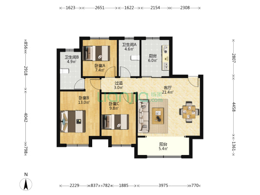 大华公园荟 3室1厅2卫 103平方