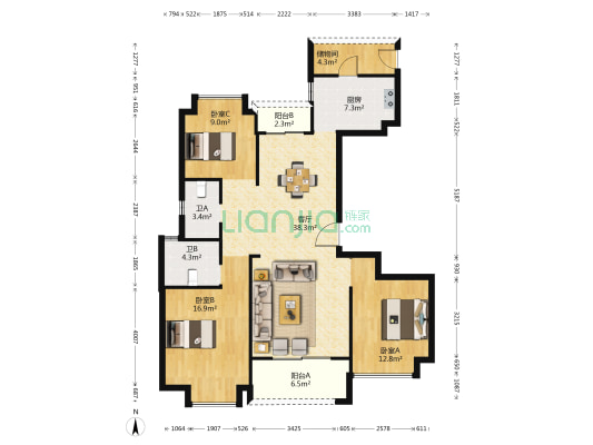 环球东方港城三期 3室1厅2卫 134平方