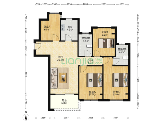 万都铂睿花园 4室1厅2卫 113平方