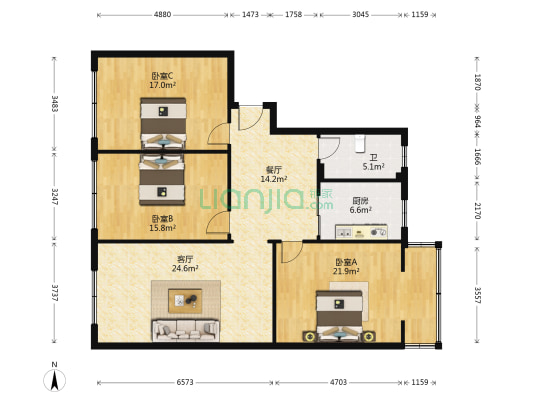 旺静苑 3室2厅1卫 122平方