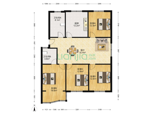 北路二村 4室1厅2卫 133平方