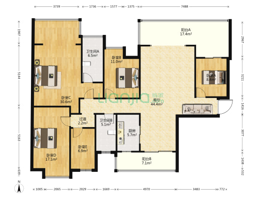 保利国际广场 5室1厅2卫 184平方