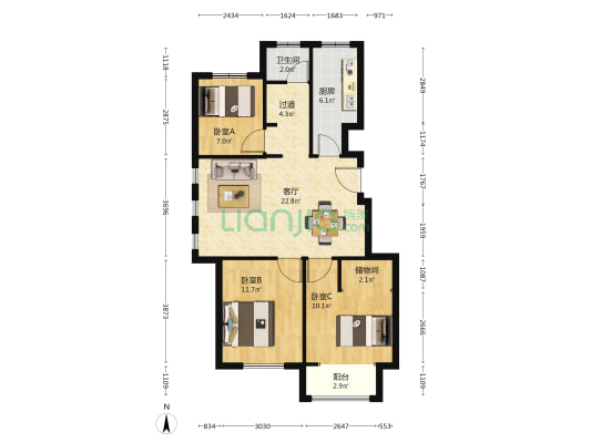 华熙公馆 3室1厅1卫 89平方