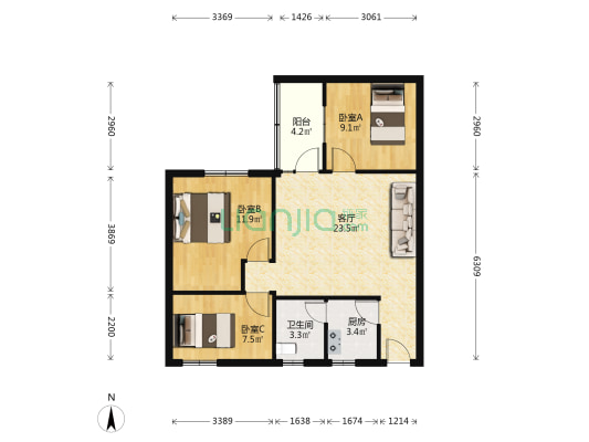 天德花园 3室1厅1卫 77平方