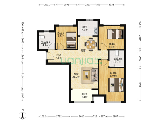 亚星星河西苑 3室1厅2卫 98平方