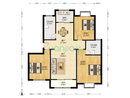 淀山湖花园B区（美苑） 3室2厅2卫 127平方