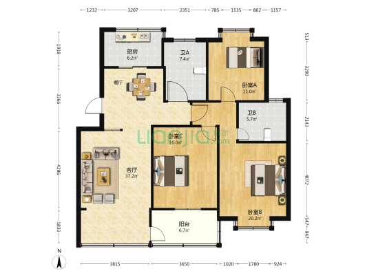 红建花苑 3室1厅2卫 121平方