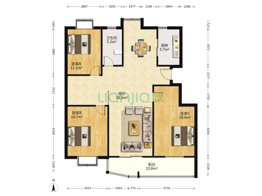 现代华庭西园 3室1厅1卫 145平方