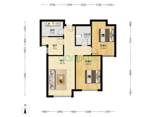 涿州东站鸿坤理想湾，步行800米到高铁站，全阳大两居-户型图