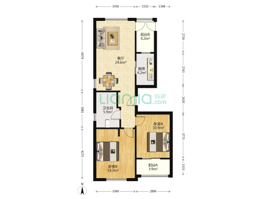 华元美林公馆 2室1厅1卫 90平方