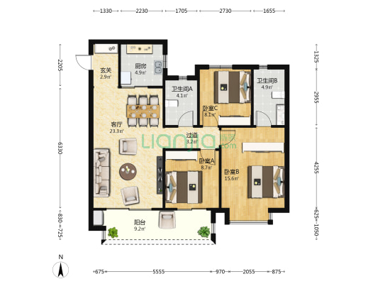 惠山城铁时光玖境 3室1厅2卫 115平方