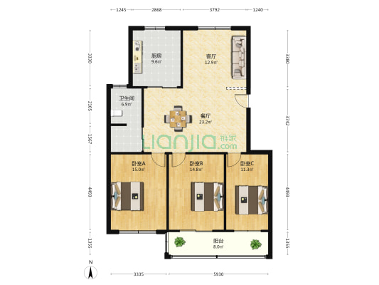 北山花苑 3室2厅1卫 120平方