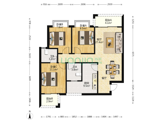 华清园 3室1厅2卫 113平方