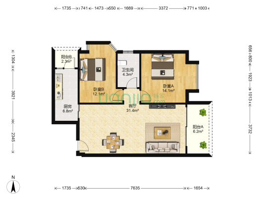 诚品上院 2室1厅1卫 88平方