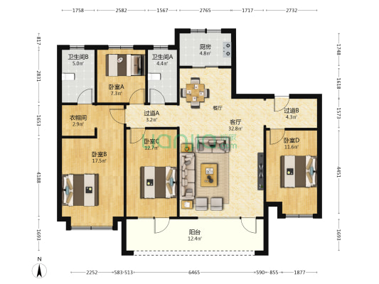 富力城南区 4室1厅2卫 160平方