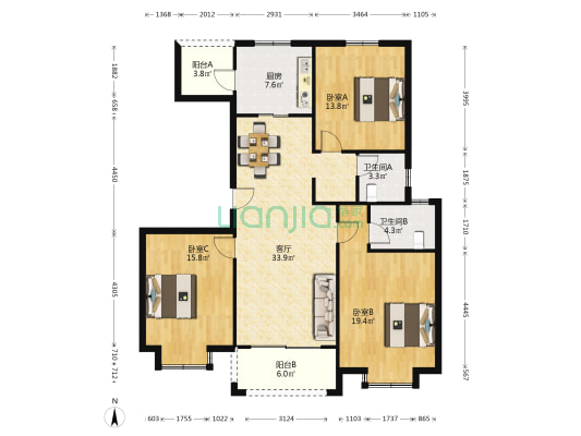 丽都花园 3室1厅2卫 138平方