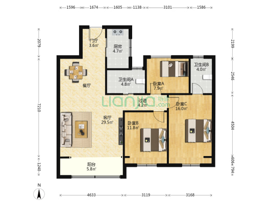 世茂璀璨珑府南区 3室1厅2卫 126平方