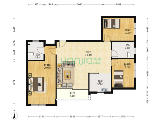 信德楼 3室1厅2卫 107平方