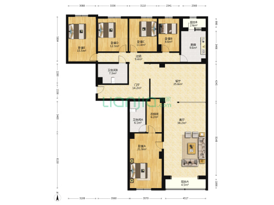 巴黎公寓 5室2厅2卫 273平方