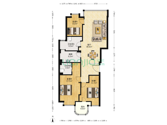 世纪城 3室1厅2卫 115平方