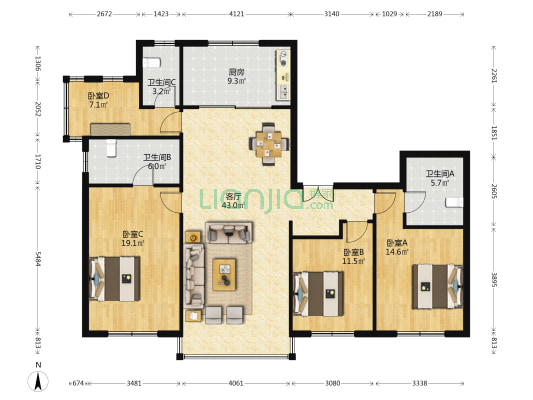 灵珑湾 4室1厅3卫 164平方