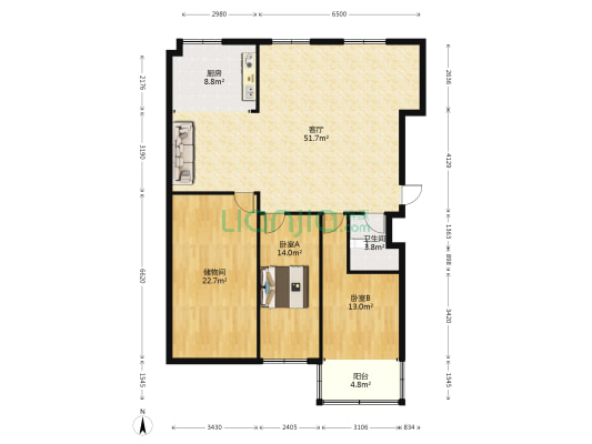 鸿通金都公寓 2室1厅1卫 143平方