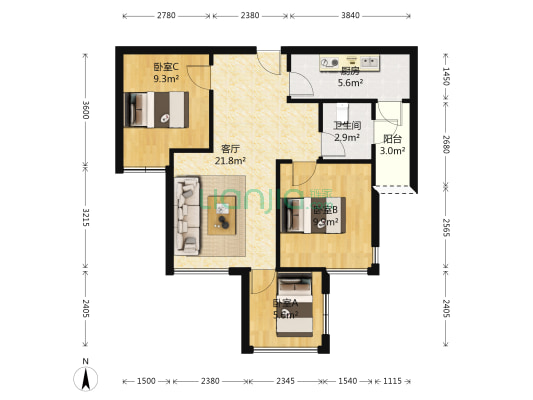 缤纷年华 3室1厅1卫 69平方